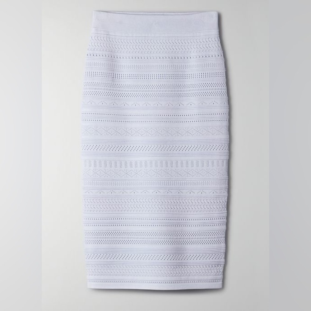 Aritzia! 🩷 Bodycon Babaton Knit Eyelet Lace Sheer Tube Skirt glimmer, light blue